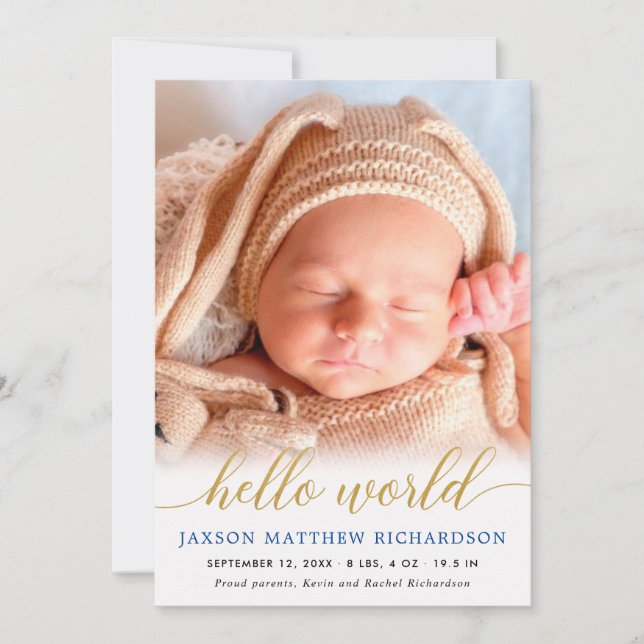 Blue and gold hello world baby boy announcement (Front)
