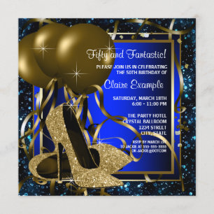 Blue and Gold High Heels Birthday Party Invitation