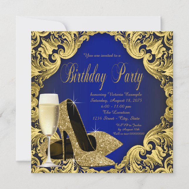 Blue and Gold High Heels Champagne Birthday Party Invitation (Front)