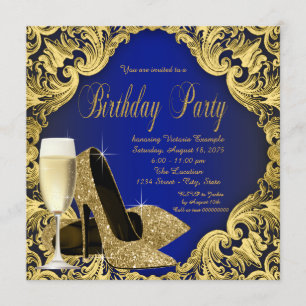 Blue and Gold High Heels Champagne Birthday Party Invitation