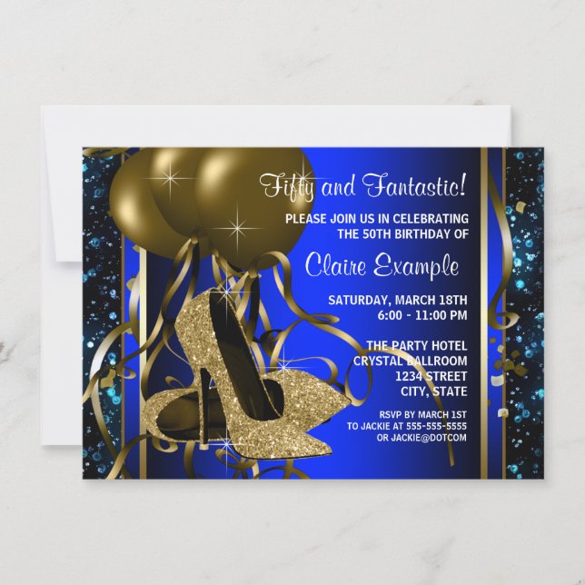 Blue and Gold High Heels Womans Birthday Party Invitation (Front)