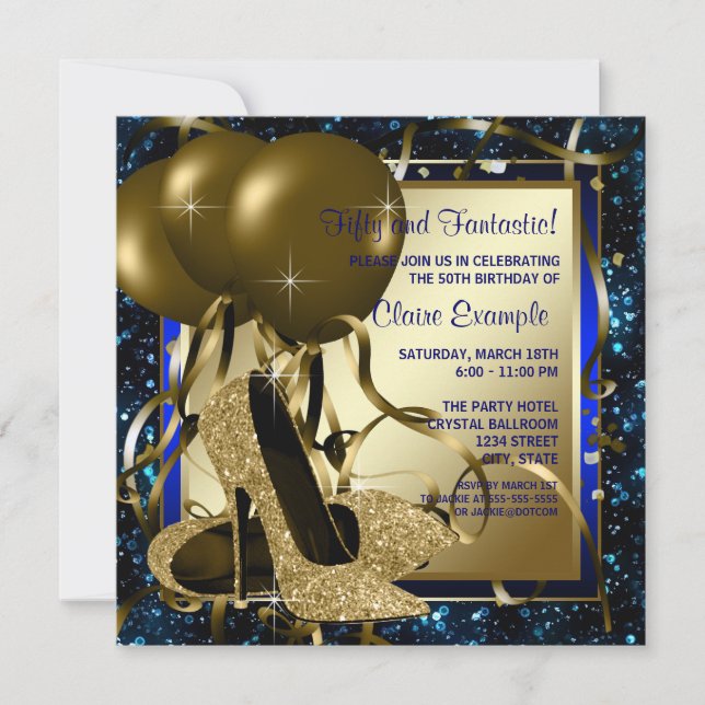 Blue and Gold High Heels Womans Birthday Party Invitation (Front)