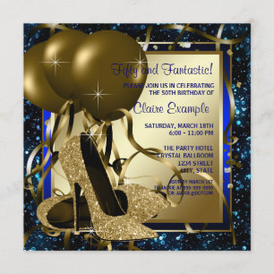 Blue and Gold High Heels Womans Birthday Party Invitation