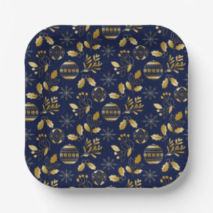 Blue and Gold Holiday Pattern Paper Plate