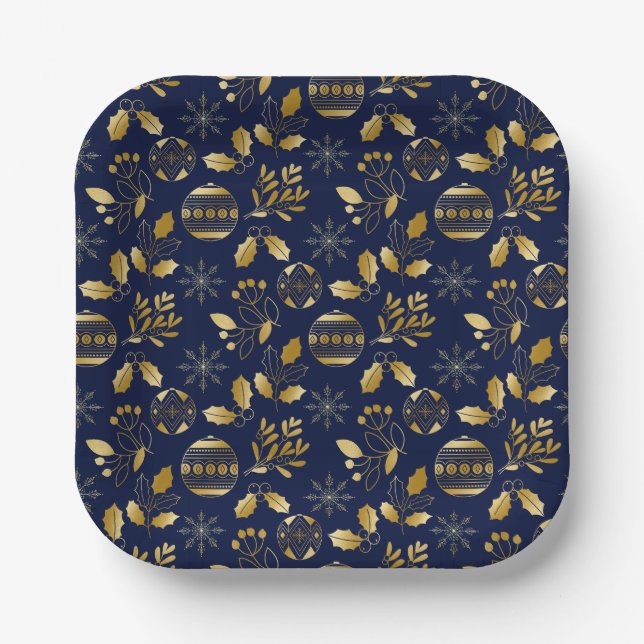 Blue and Gold Holiday Pattern Paper Plate (Front)