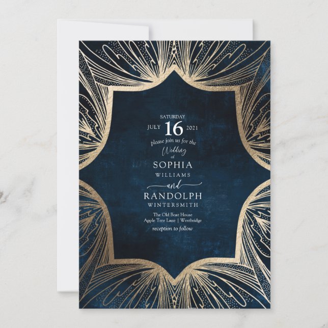 Blue and gold intricate pattern invitation (Front)