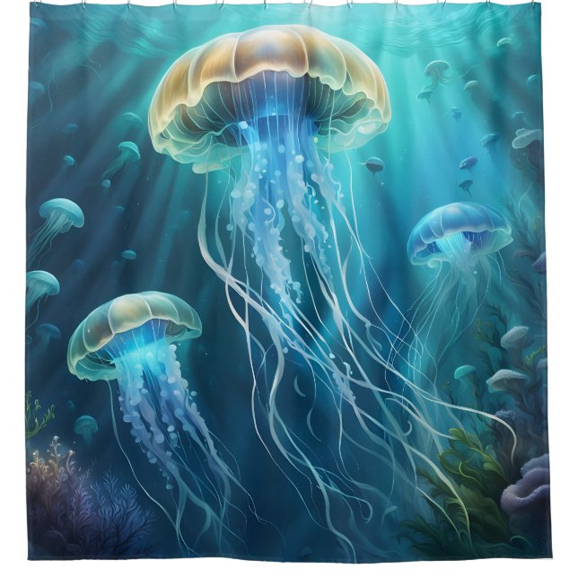 Blue and Gold Jellyfish Shower Curtain (Front)