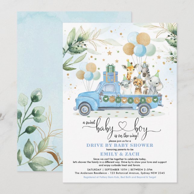 Blue and Gold Jungle Safari Drive Thru Baby Shower Invitation (Front/Back)