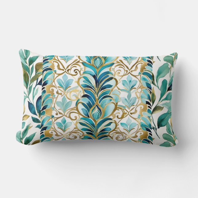 Blue and gold. Leaves and flourishes, stripes  Lumbar Cushion (Front)
