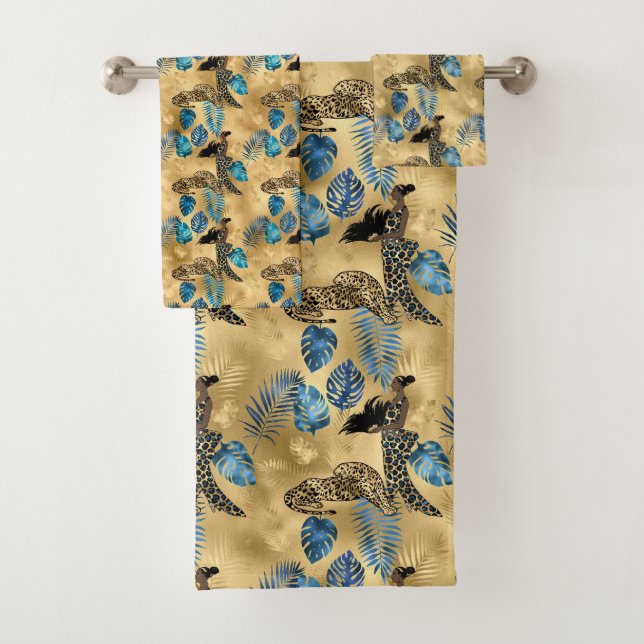 Blue and Gold Leopard Series Design 7 Bath Towel Set (Insitu)