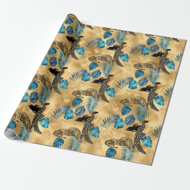 Blue and Gold Leopard Series Design 7 Wrapping Paper (Unrolled)