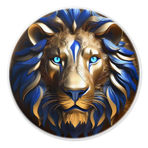 Blue And Gold Lion Head, Ceramic Knob