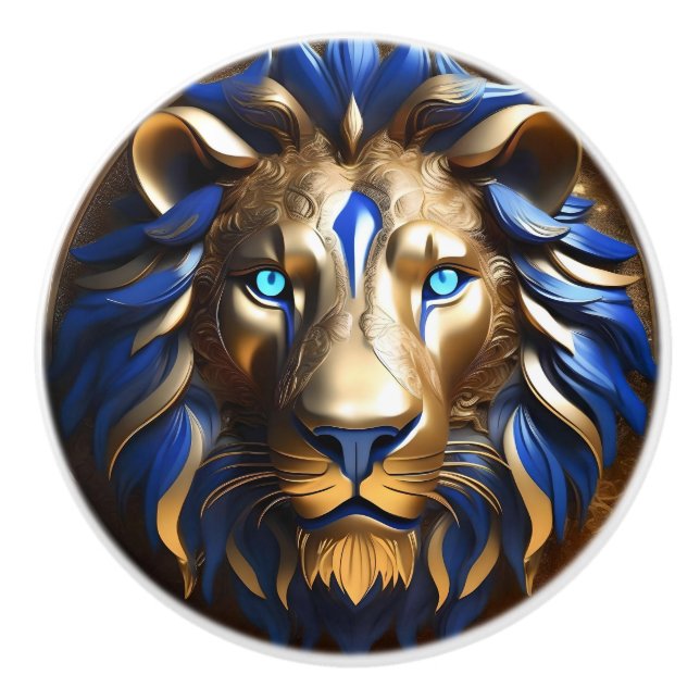Blue And Gold Lion Head, Ceramic Knob (Front)