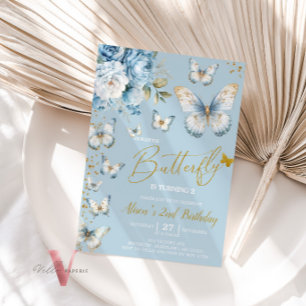 Blue and Gold Little Butterfly Birthday Invitation
