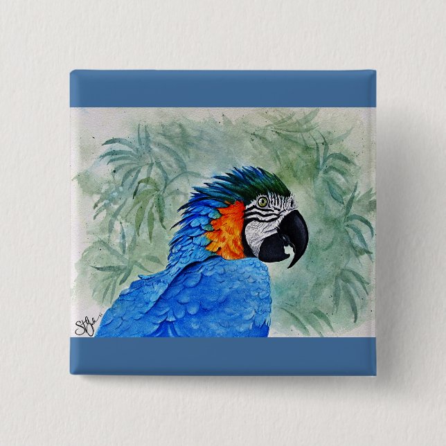 Blue and Gold Macaw 15 Cm Square Badge (Front)