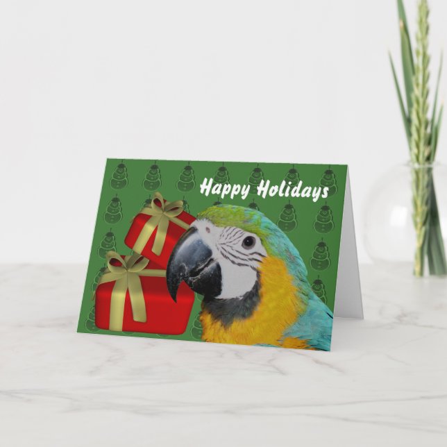 Blue And Gold Macaw Parrot Christmas Holiday Card (Front)