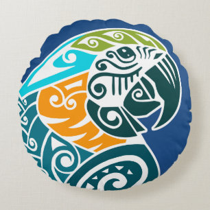 Blue and gold macaw tribal tattoo round cushion