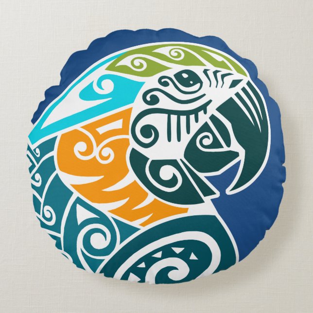 Blue and gold macaw tribal tattoo round cushion (Front)