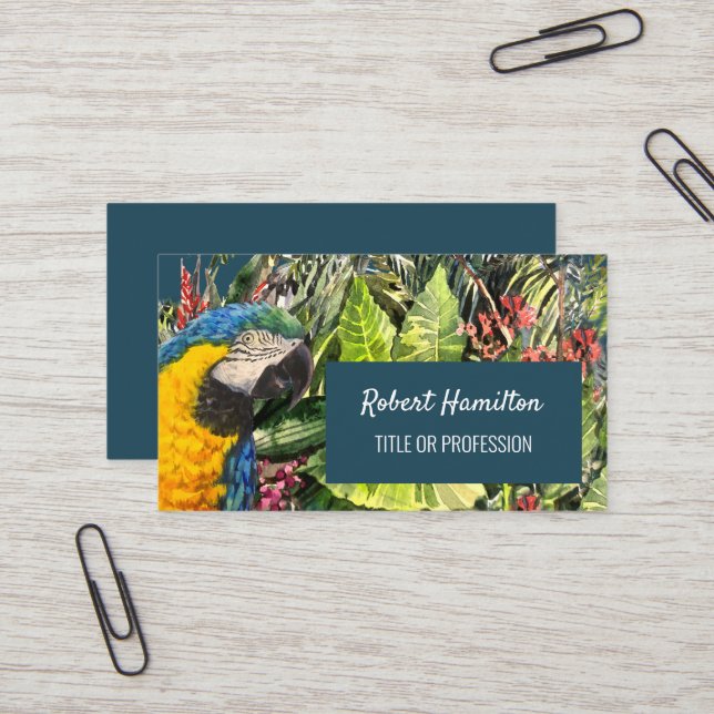 Blue and gold macaw watercolor painting business card (Front/Back In Situ)