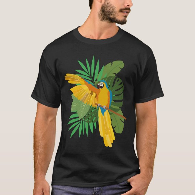 Blue and Gold macaw with leaves T-Shirt (Front)