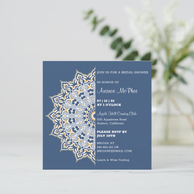 Blue and Gold Mandala Bridal Shower Invitation (Standing Front)
