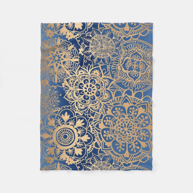 Blue and Gold Mandala Pattern Fleece Blanket (Front)