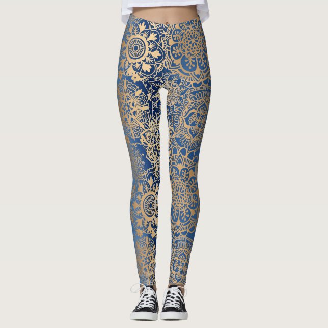 Blue and Gold Mandala Pattern Leggings (Front)