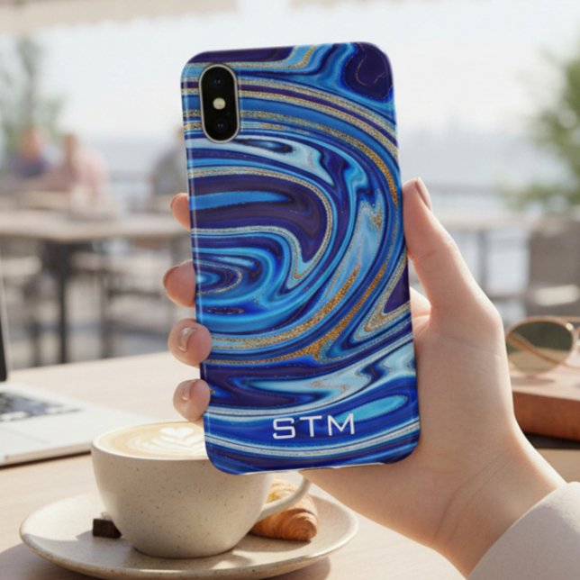 Blue and Gold Marble Agate Monogram Case-Mate iPhone Case (Creator Uploaded)
