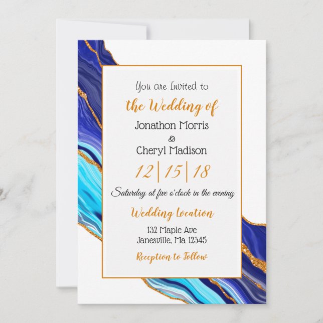 Blue and Gold Marble Fluid Art Wedding Invitation (Front)