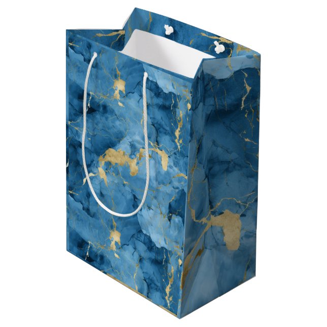 Blue and gold marble liquid style pattern medium gift bag (Back Angled)