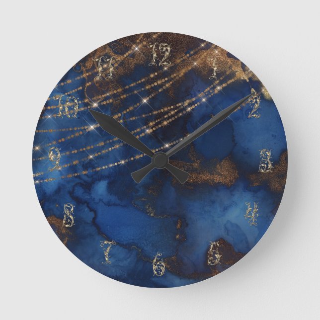 Blue and gold marble stone gold sparkle elegant  round clock (Front)