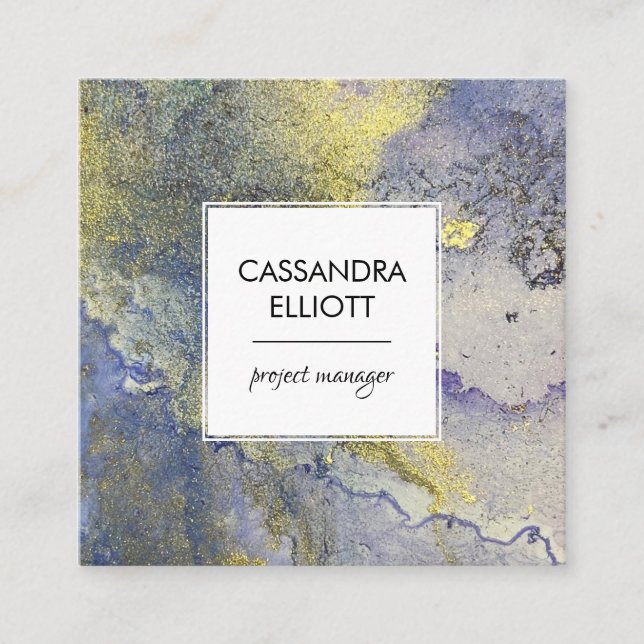 Blue and Gold Marbled Abstract Liquid Art Square Business Card (Front)