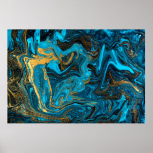 Blue and gold marbling pattern. Golden marble liqu Poster