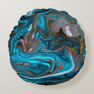 Blue and gold marbling pattern. Golden marble liqu Round Cushion