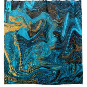 Blue and gold marbling pattern. Golden marble liqu Shower Curtain