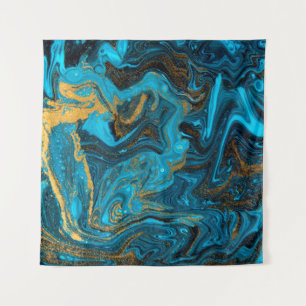 Blue and gold marbling pattern. Golden marble liqu Tapestry