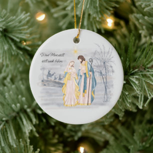 Blue and gold Mary, Joseph and Jesus Holiday Ceramic Tree Decoration