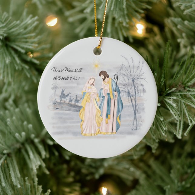 Blue and gold Mary, Joseph and Jesus Holiday  Ceramic Tree Decoration (Tree)