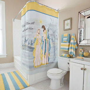 Blue and gold Mary, Joseph and Jesus Holiday Shower Curtain