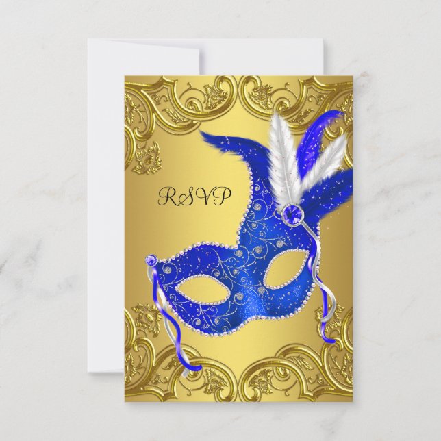 Blue and Gold Masquerade Party RSVP Card (Front)