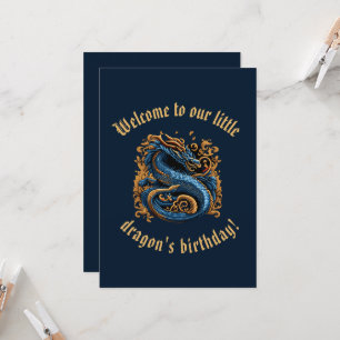 Blue and Gold Medieval Dragon birthday Invitation 