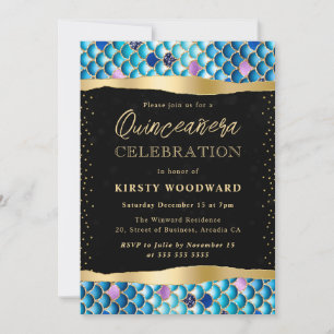 Blue and Gold Mermaid Scales Quinceanera Invitation