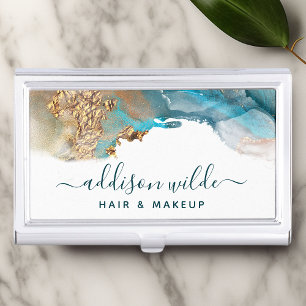 Blue And Gold Modern Art Liquid Watercolor Ink Business Card Holder