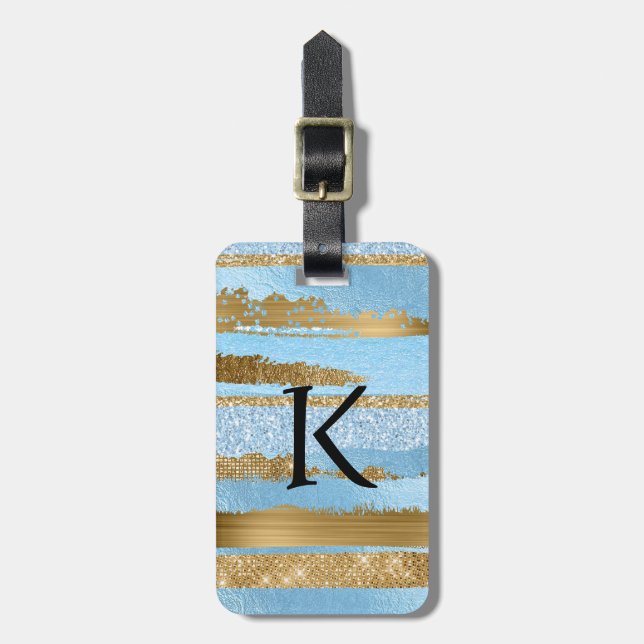 Blue and Gold Modern Monogrammed Luggage Tag (Front Vertical)