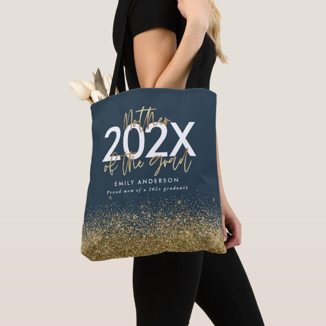 Blue and gold modern script glitter graduation  tote bag (Close Up)