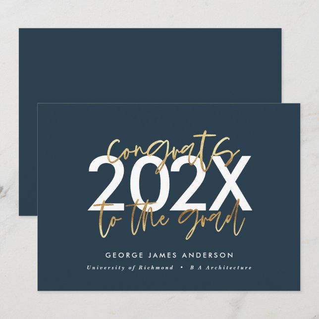 Blue and gold modern script stylish graduation invitation (Front/Back)