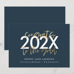 Blue and gold modern script stylish graduation invitation
