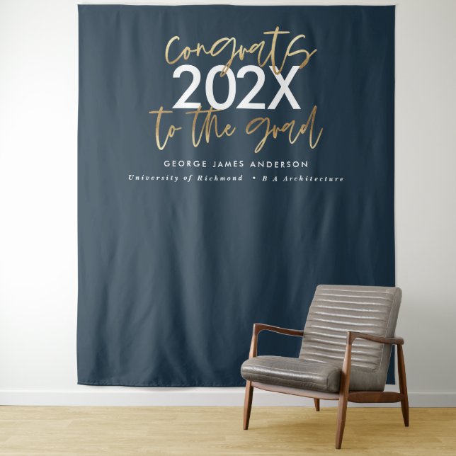 Blue and gold modern script stylish graduation tapestry (In Situ)