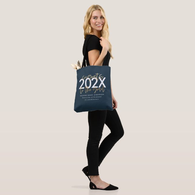 Blue and gold modern script stylish graduation tote bag (On Model)