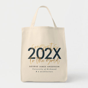 Blue and gold modern script stylish graduation tote bag